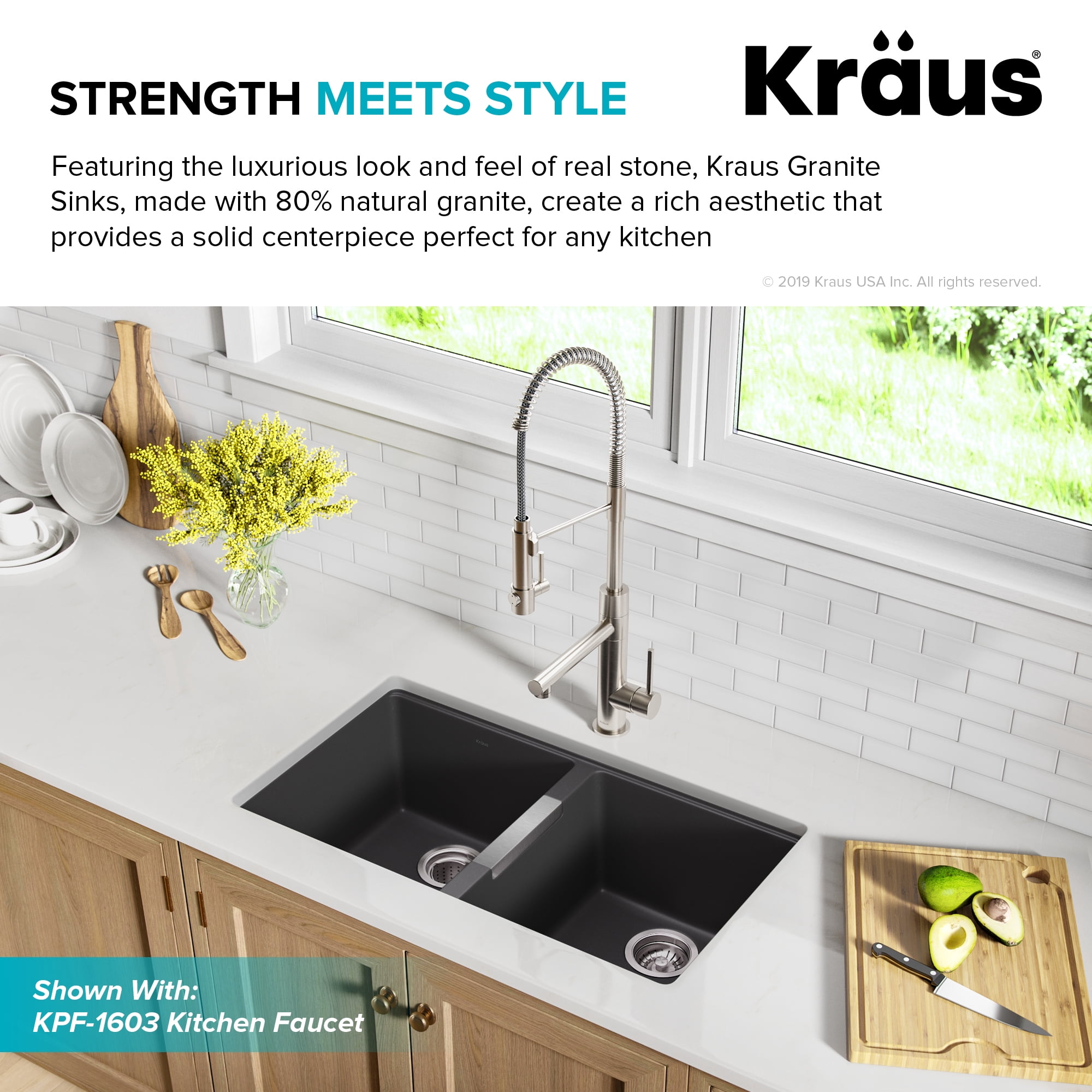 Kraus 33 Inch Undermount 50/50 Double Bowl Black Onyx Granite Kitchen Sink