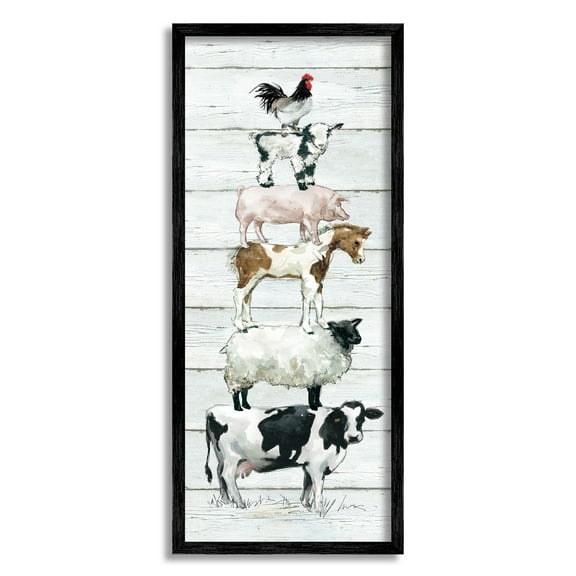 Stupell Industries Balancing Farm Animals Rustic White Plank Pattern Graphic Art Black Framed Art Print Wall Art, Design by Carol Robinson