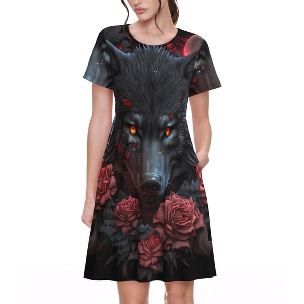 Balery Rose Full Moon Black Wolf Vestidos sueltos de manga corta para mujer, vestidos de verano 2025, vestidos casuales de corte A con vuelo.