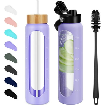 

32 oz Glass Water Bottles - 1 Liter Motivational Tumbler Water Bottle Time Marker - Borosilicate Glass Water Bottle With Silicone Sleeve and 2 Lids Handle Spout & Bamboo Straw Lid