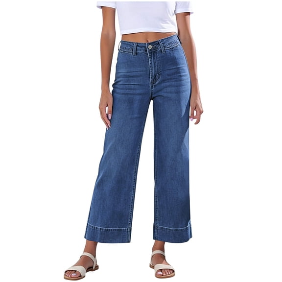Hurxie Wide Leg Jeans for Women Trendy High Waisted Flare Jeans Cropped Denim Pants Stretchy Baggy with Patch Pockets Blue,L