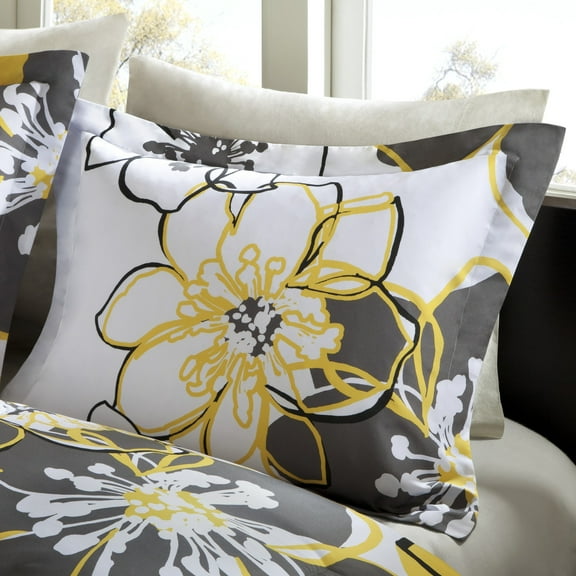 Ergode Comforter Set - Vibrant Yellow and Grey Floral Design - Soft and Durable Polyester Microfiber - Machine Washable - Antimicrobial Protection - Includ