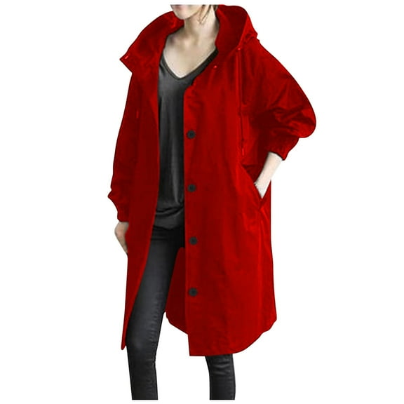Plus Size Windbreaker Jackets for Women Solid Color Button Mid Length Coat Hoodied Outwear with Pockets