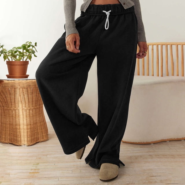 AherBiu Wide Leg Pants for Women Fleece Lined Drawstring Elastic Waisted Solid Color Pants Fall Winter Wide Leg Yoga Pants