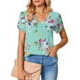 thumbnail image 2 of Camiseta con cuello en V para mujer, mangas cortas de pétalos, espalda plisada, línea media, blusas casuales holgadas, verde menta M, 2 of 5