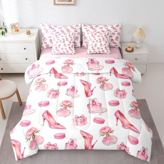 Homewish Watercolor Perfume Flowers 7-Piece Twin Bedding,Fashion High Heels Bedding Comforter Set,White Pink,Pink Reversible