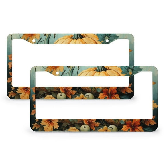 Pumpkin Maple Leaf Flower License Plate Cover 2 Pack Fall Autumn Thanksgiving Harvest License Plate Cover Frame for Women Men US Vehicles 2 Round Holes Aluminum Metal License Plate Frame