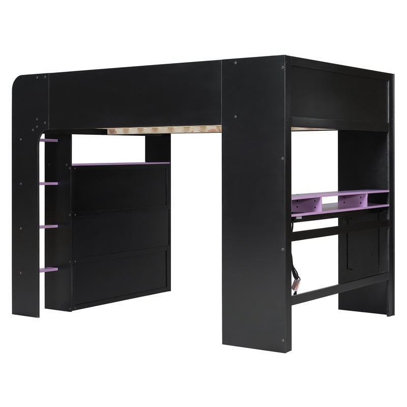 Full Size Wood Loft Bed with Desk, Wardrobe and Storage, Height Adjustable Gaming Loft Bed with USB Charging Port, RGB LED Light Strip, PC Tower Space and Shelves for Bedroom
