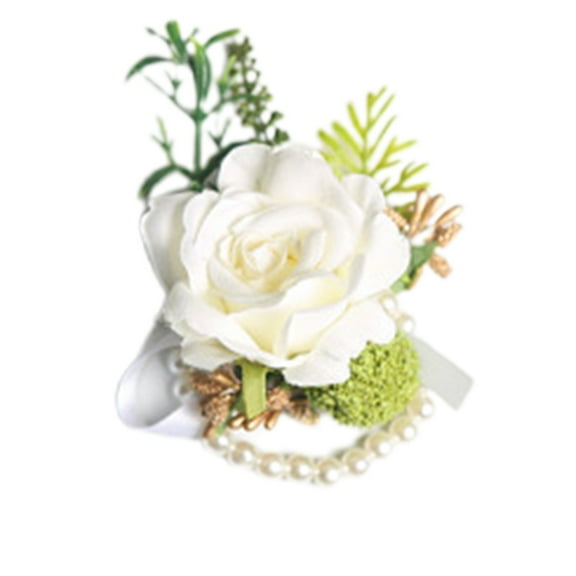 BNNG Tulip Wrist Corsage Wristlet Band Bracelet and Men Boutonniere Set for White Wedding Prom,Hand Flowers Wristband Buttonhole for Bridesmaid Groomsman Best Man Brides (White)
