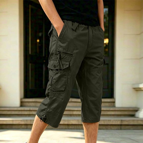 Ciovxyn Men's Casual Cargo Capri Pants with Multi-Pocket and Elastic Waist - Army Green L