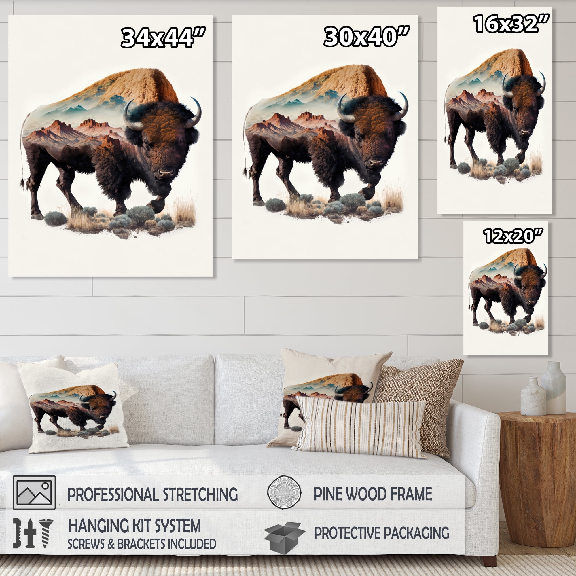 Designart Double Exposure Of A Bison With Nevada Landscape II Canvas Wall Art
