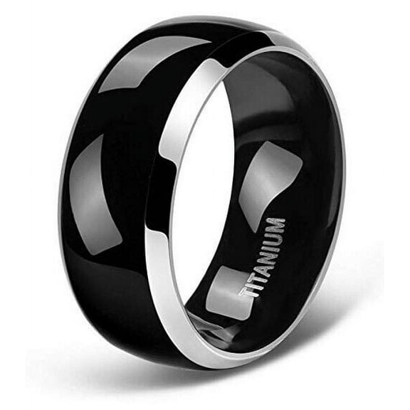 Wedding Rings Mens 8mm Black Domed Titanium Wedding Band w/ Silver Edges