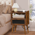 thumbnail image 6 of LEYAOYAO Nightstand with USB Ports, Woven Rattan Bedside Table with 1 Drawer and Lift-Up Legs, for Boho Bedroom, White, 6 of 6