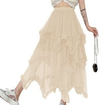SWSMCLT Women's Tutu Skirt Pleated Ruffle Tulle Skirt Long Mesh Halloween Fall Skirt Apricot One Size