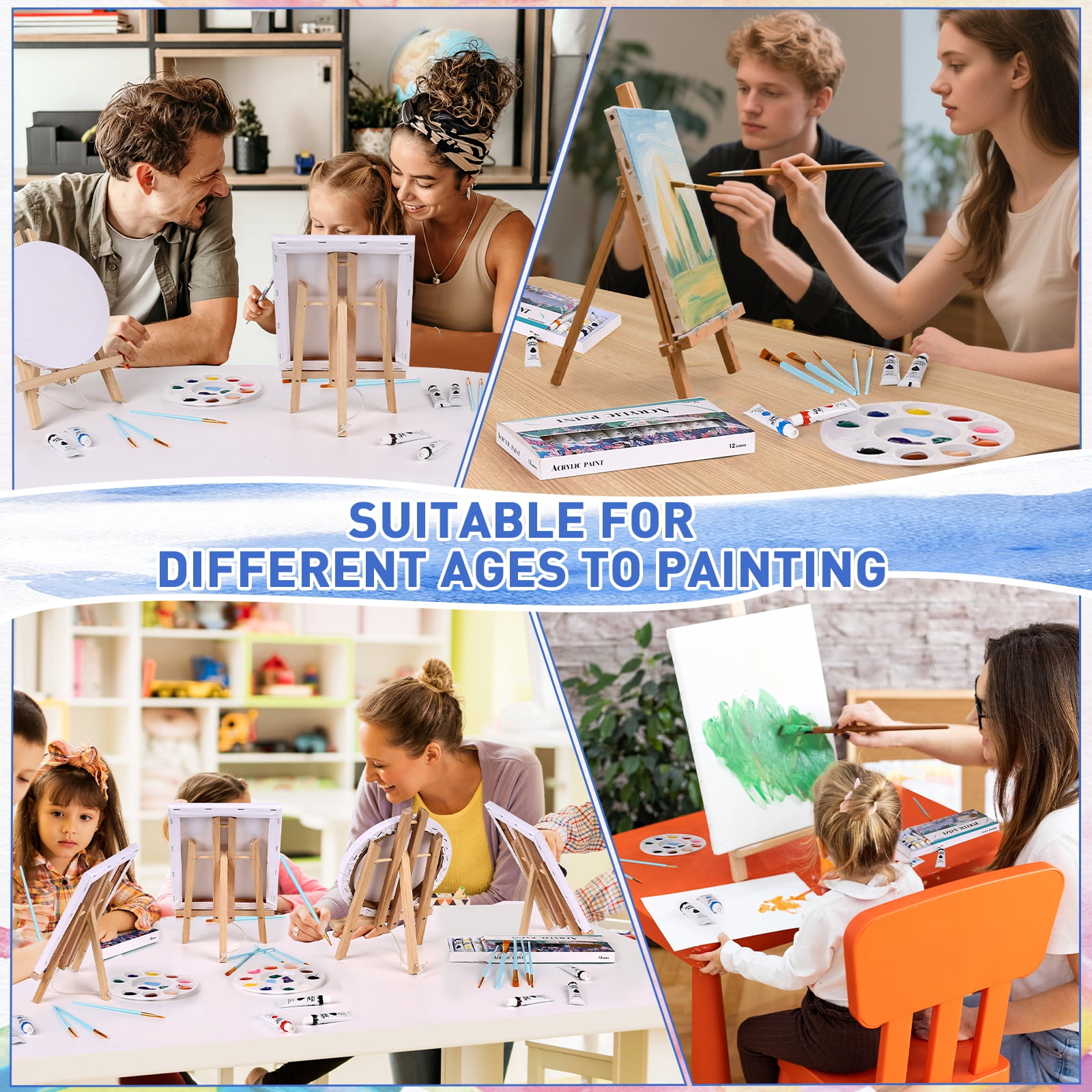 78 PCS Acrylic Paint Canvas Set, Sip and Paint Kits with 3 Wood Easel, 3 * 12 Colors, 30 Brushes, 6 Canvases, Painting Supplies Kit for Kids,Adults, Students, Artists and Beginners