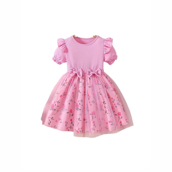 RUTAYY Toddler Girls Summer Floral Print Mesh Tutu Kids Casual Party Wear Comfortable Breathable Dresses Modern Minimalist Dress , Red, 12 Month -24 Month