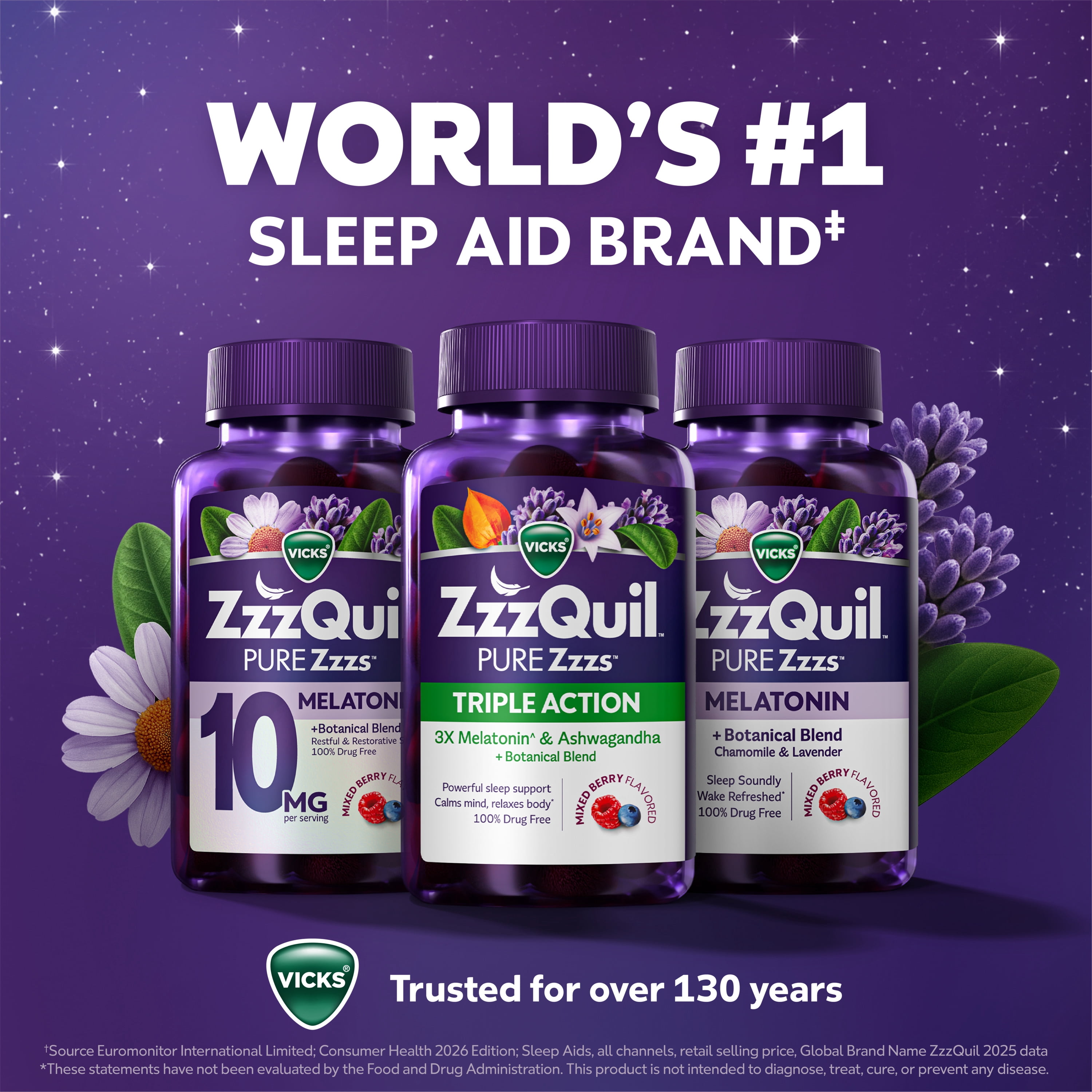 (3 pack) ZzzQuil PURE Zzzs Melatonin Triple Action with Ashwagandha, Melatonin 6mg, 42 Gummies