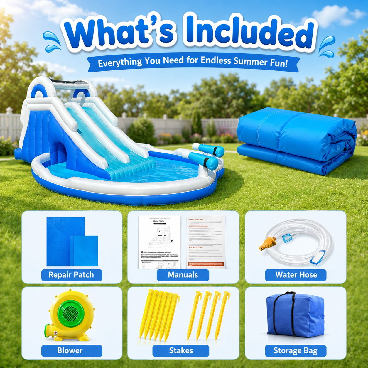 Inflatable Double Water Slide with Climbing Wall & Large Splash Pool - Backyard Kids Water Park with Blower & Accessories, Blue & White
