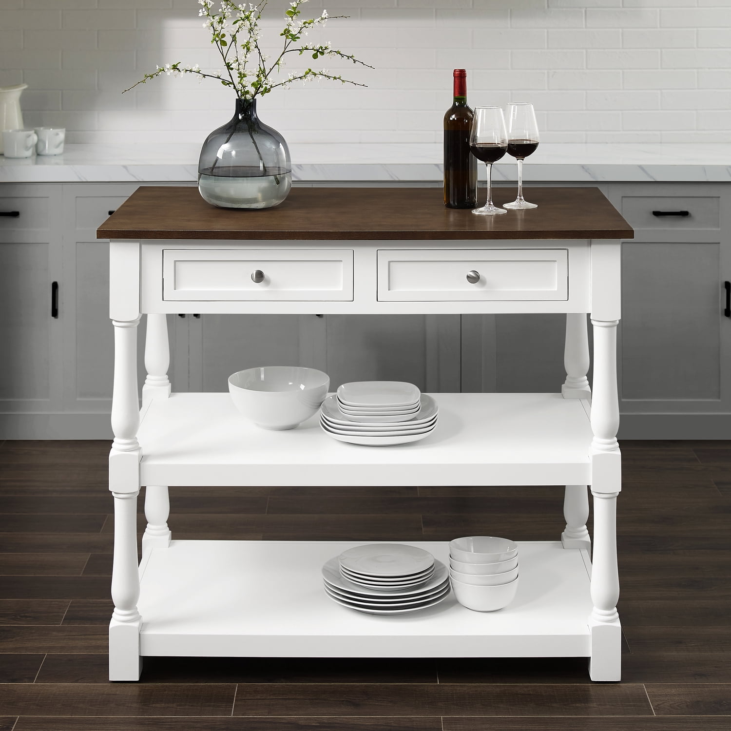 Kitchen Island Wood Top - Storage Island Cart, White/Dark Brown, 42" Wide, Transitional Design