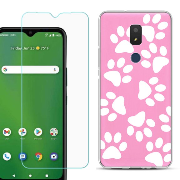 Slim-Fit TPU Fashion Phone Case for Cricket Icon 3, with Tempered Glass Screen Protector, by OneToughShield ® - Pet Paw/ Pink