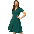 thumbnail image 1 of Vestido retro vintage Allegra K manga corta cuello V botones Verde oscuro M, 1 of 6