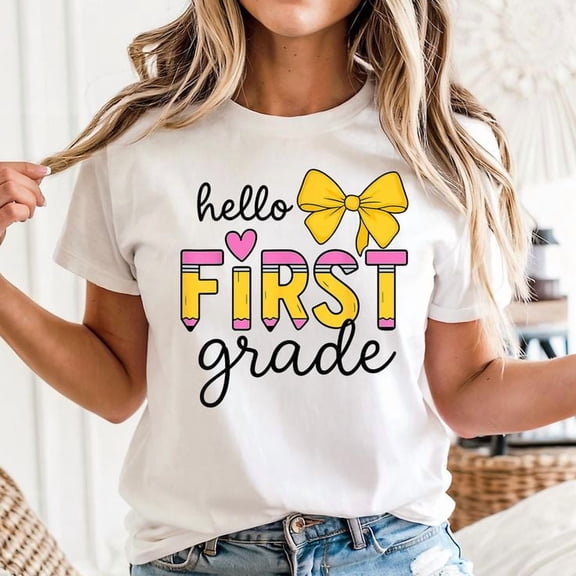 Hello First Grade for Girls Boys Cute Back to School Pencil T-Shirt Unisex, Sizes S-5XL, Tbun