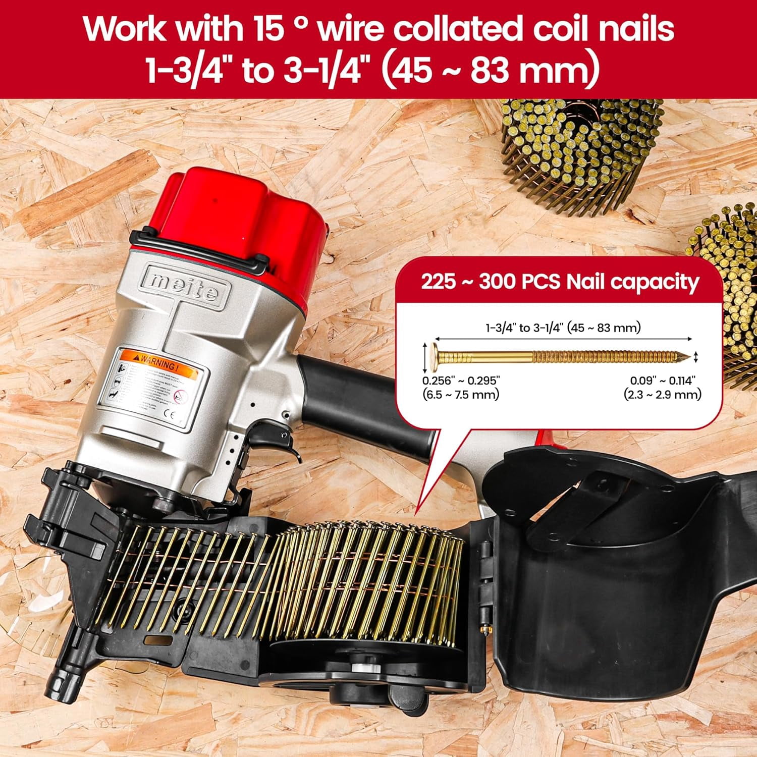 MEITE CN80B Pneumatic Coil Siding Nailer 15 Degree 2" to 3-1/4" Industrial Coil Nail Gun