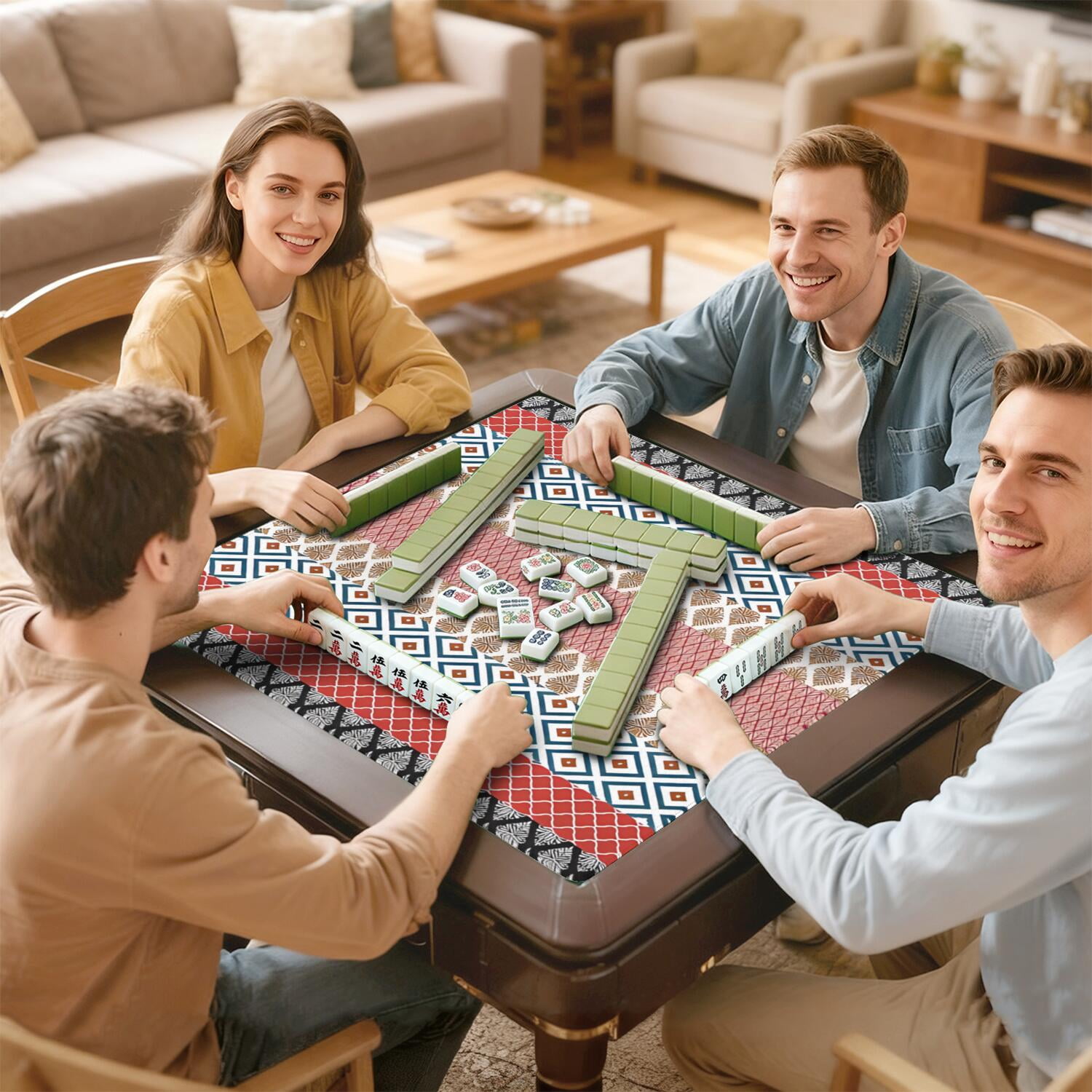 Bohemian Mahjong Mat 31.5 Inches Square, Professional Rubber Game Table Pad Non-Slip and Noise Reducing, Versatile Mat for Card Games Tile Games and Board Games