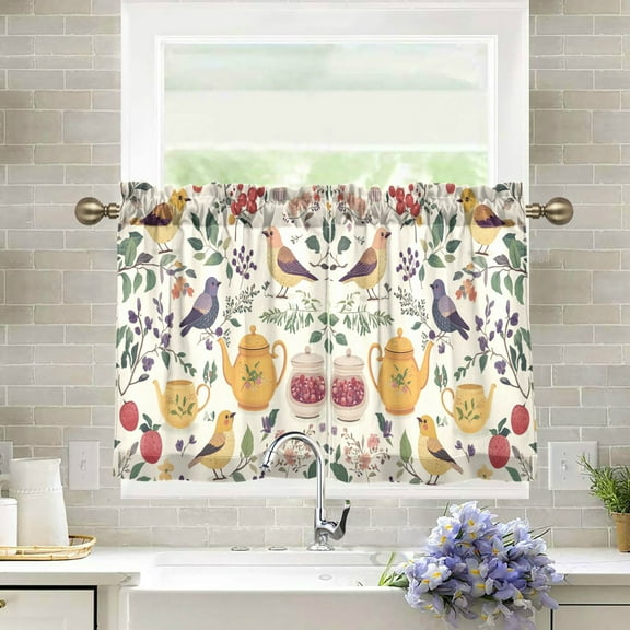 Yayeee Kitchen Curtains Light Filtering 27"x24" Rod Pocket Short Cafe Window Panel, Birds and Teapots