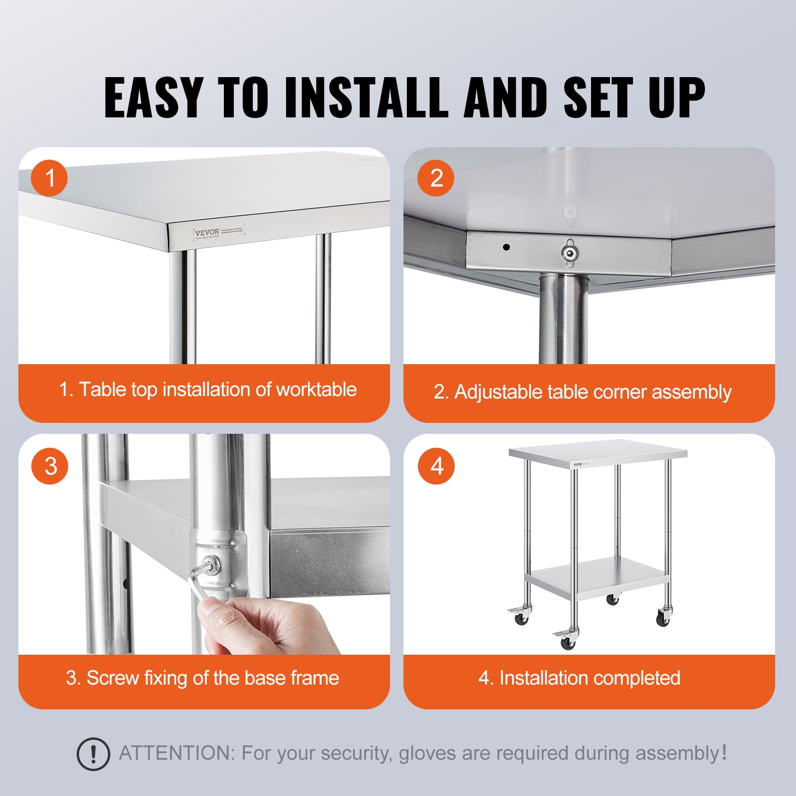 VEVOR Stainless Steel Work Table 24 x 30 x 38 Inch, with 4 Wheels, 3 Adjustable Height Levels, Heavy Duty Food Prep Worktable for Commercial Kitchen Restaurant, Silver