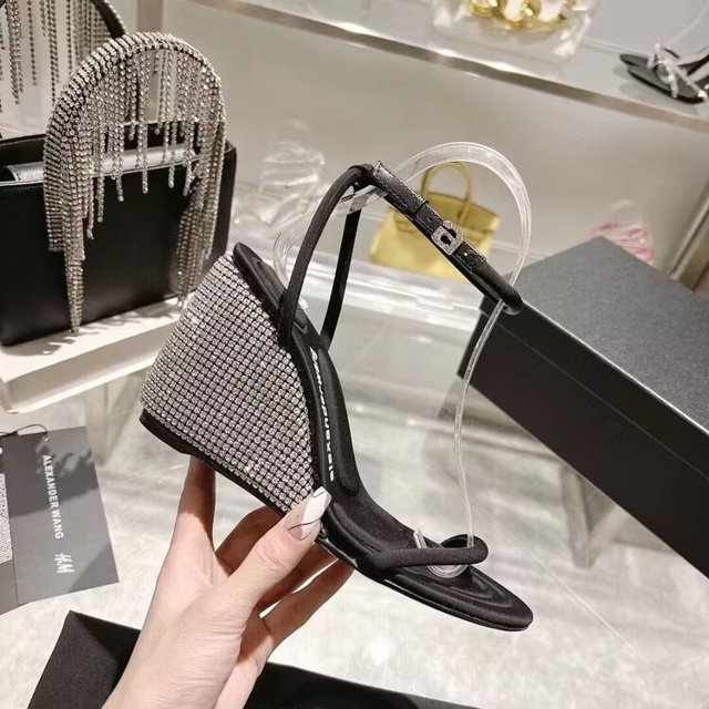 Rhinester, sandalias con correa de punta redonda, novedad de verano para mujer, tacones altos de cristal, punta abierta Sexy, tacones de cuña de boca baja, zapatos de plataforma 37 Gao Jinjia LED
