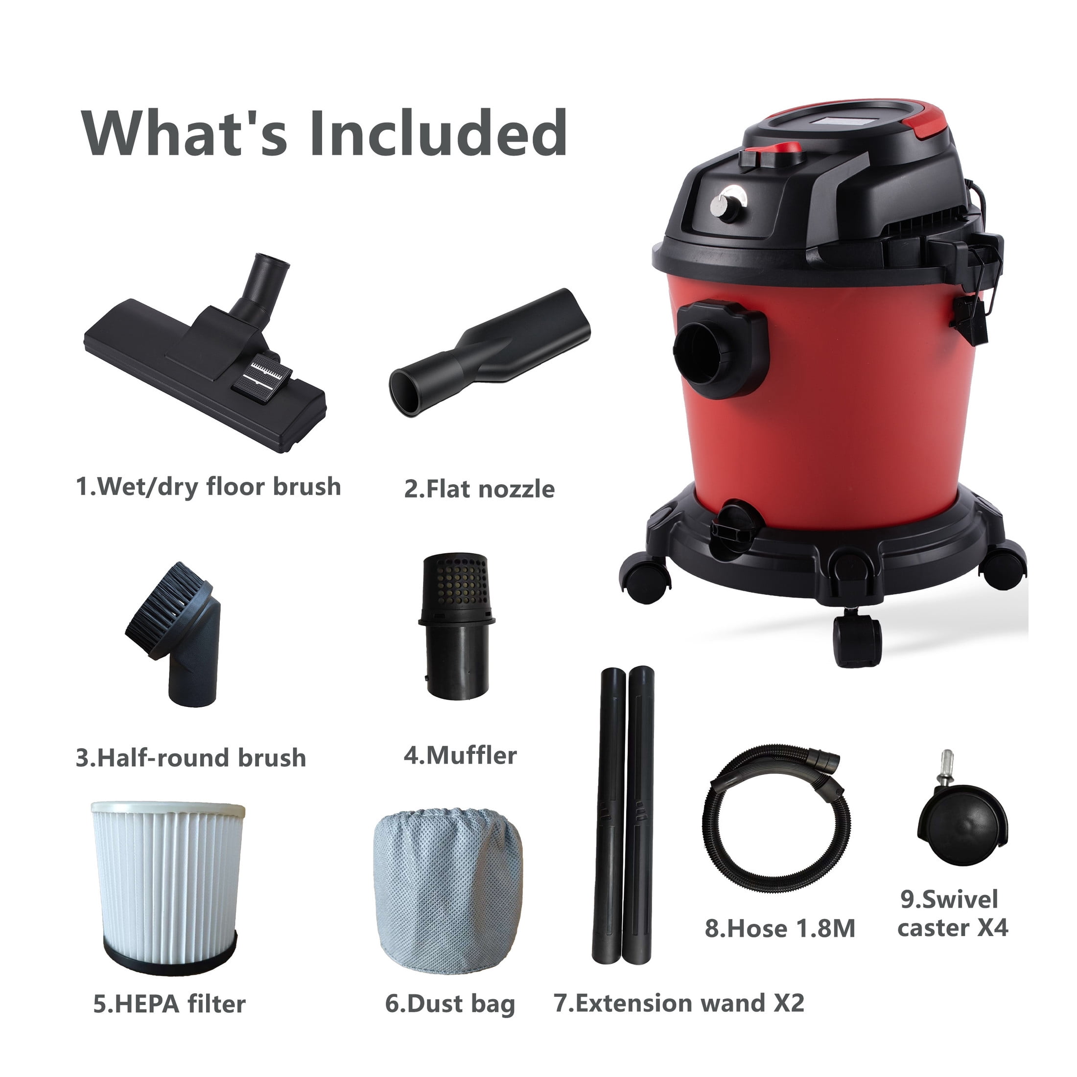 GDF Studio 5 Gallon Wet Dry Vacuum, 4.3 Peak HP 3-in-1 Shop Vac with Blower Function, Black + Red