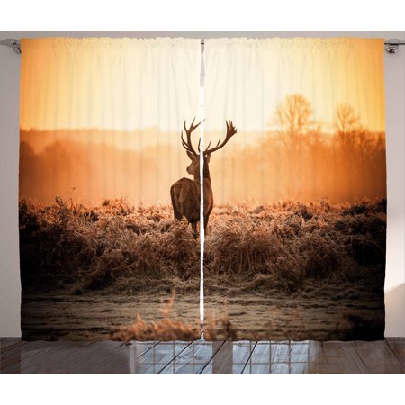 Orange Bedroom Set Hunting Decor Curtains 2 Panels Set, Red Deer in the Morning Sun Wild Nature Scenery Countryside Rural Heathers, Window Drapes for Living Room Bedroom, 108W X 84L Inches, Brown Orange, by Ambesonne ()
