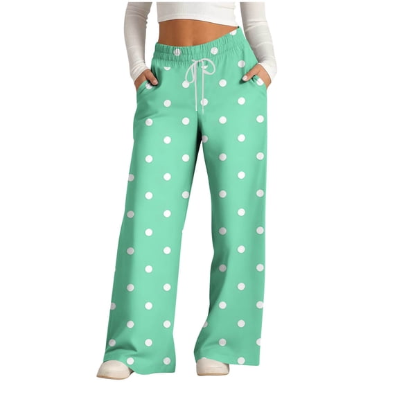Zysthvn Polka Dot Pants for Women Wide Leg Summer Plus Size Casual Women Trouser Pants with Pockets Loose Drawstring Lightweight Pants