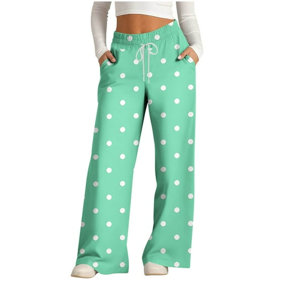 Wyobmus Women's Comfy Stretch Polka Dots Printed Drawstring Palazzo Wide Leg Lounge Pant Mint Green