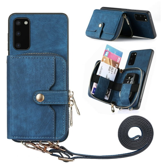 Allytechgroup for Samsung Galaxy A16 5G Wallet Case with Crossbody Strap, Vintage PU Leather Large Zipper Pocket Cards Slots Stand Shockproof Wallet Case Cover for Samsung Galaxy A16 5G, Blue