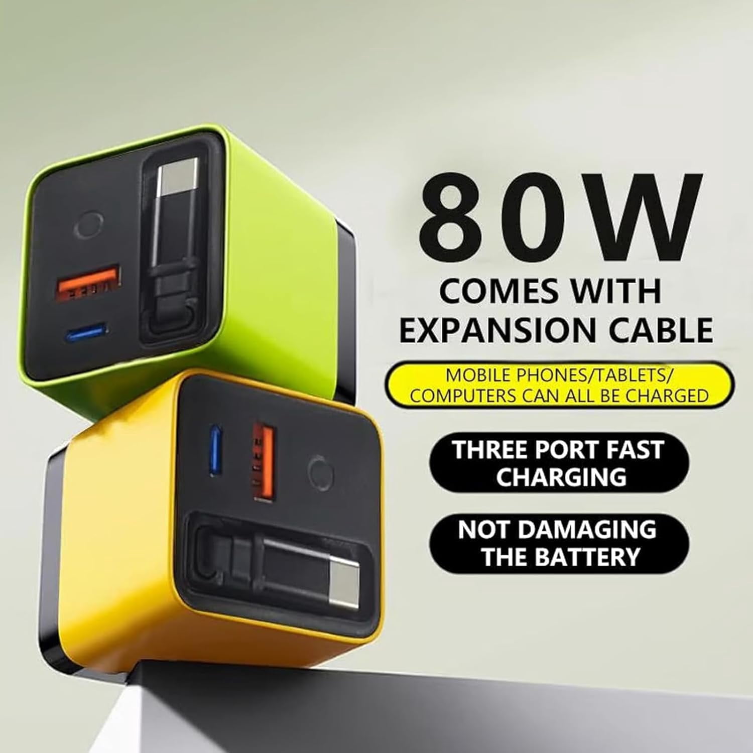 3 in 1 Charger, 80 Watt All in One Chargers, Scalable 80w Max Fast Charger Module with Type C Cable and 2 USB Ports, Retractable Phone Charger Wall Plug for Smartphones (Yellow)