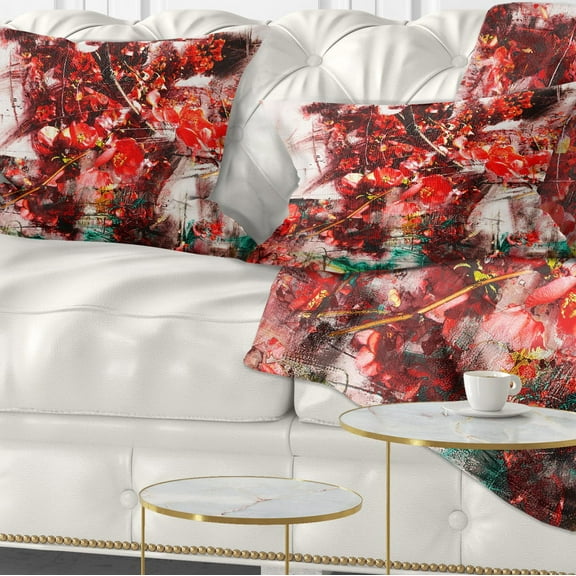 Designart Red Flowers Abstract Background - Abstract Throw Pillow - 12x20