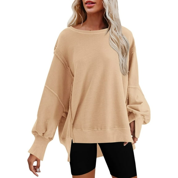 Skpblutn Plus Size Oversized Sweatshirt for Women Tops Over D Crewneck Solid Side Slit Pullover Slouchy Fit Winter Fall Long Sleeve Round Neckline Casual Sweatshirts