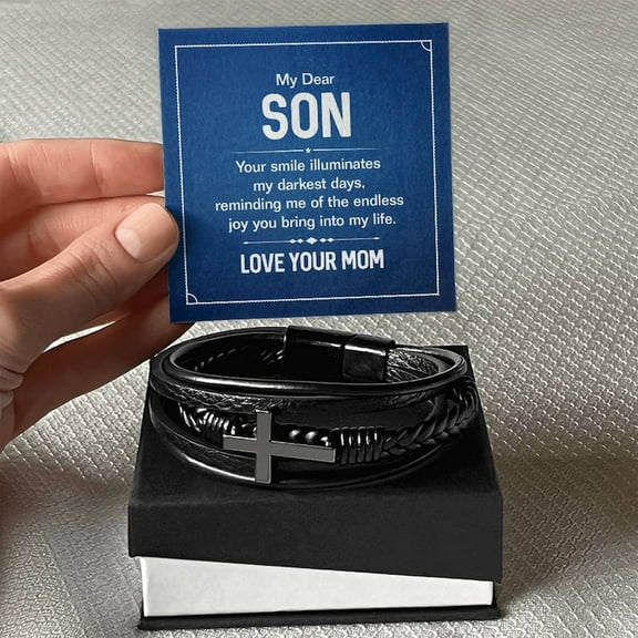 Mens Cross Leather Bracelet Gift For Son On Birthday, Graduation, Christmas Present Keepsakes Message Card Custom Jewelry