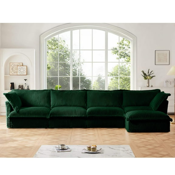 Slipcovered L Shape Sectional Long Sofa Couch, 4 Seater Sofa with Suppleness Armrests,Deep Seat Sofa with 2 Big Pillows, Comfy Couch for Living Room, Apartment, Green Corduroy Fabric