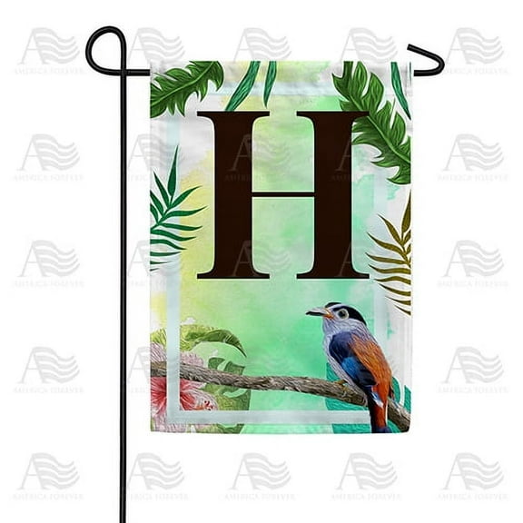 America Forever Tropical Summer Monogram Garden Flag Letter H 12.5 x 18 inches Palm Leaves Hibiscus Coastal Bird Double Sided Vertical Outdoor Yard Lawn Decorative Red Floral Garden Flag
