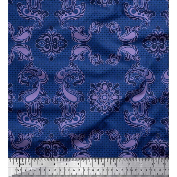 Soimoi Blue Cotton Duck Fabric Geometric & Paisley Damask Print Sewing Fabric Yard 42 Inch Wide