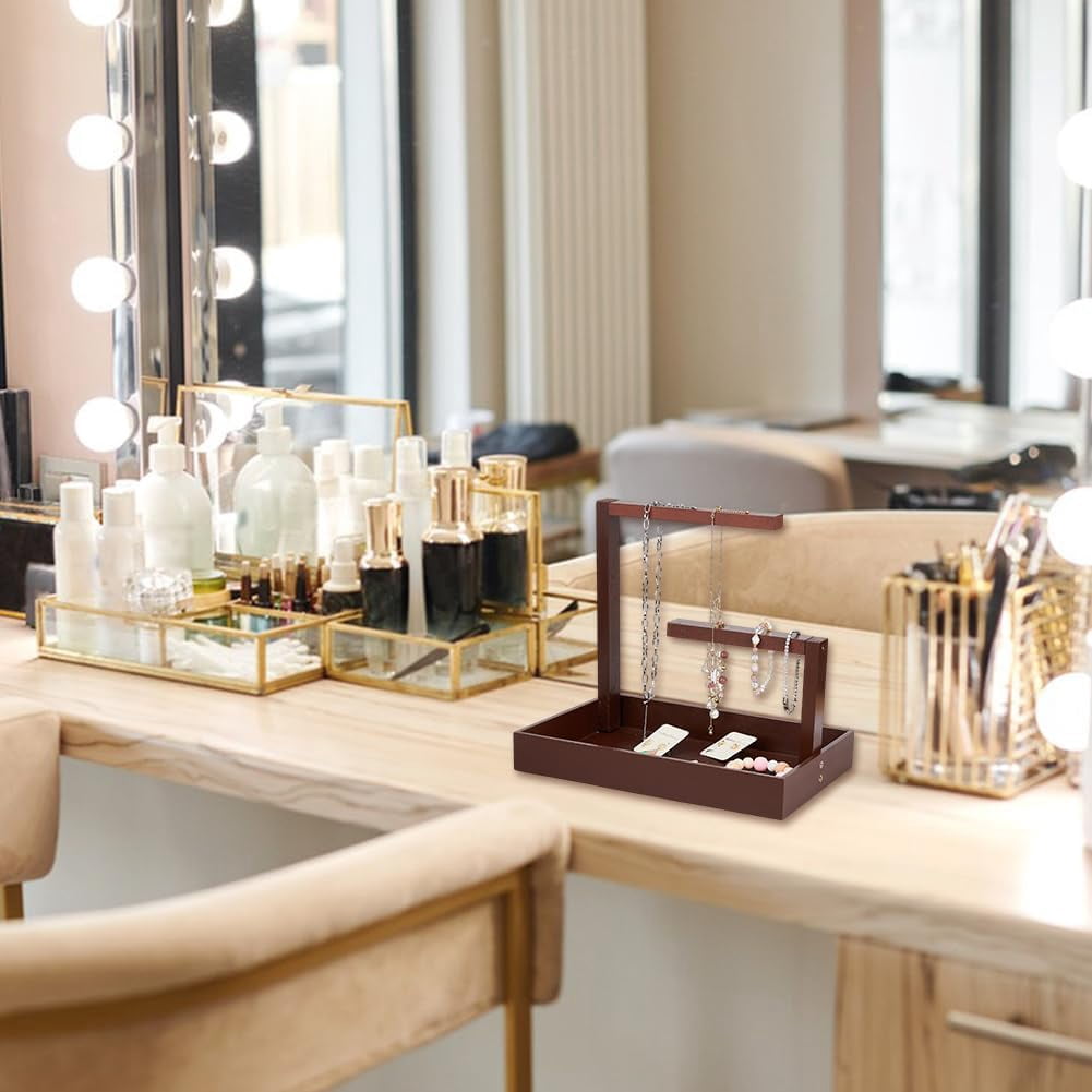 Wood Jewelry Display Stands Rectangle Jewelry Organizer Holder Coffee Necklace Hanging Organizer Rack with Tray for Bracelets Watches Earrings Rings DIY