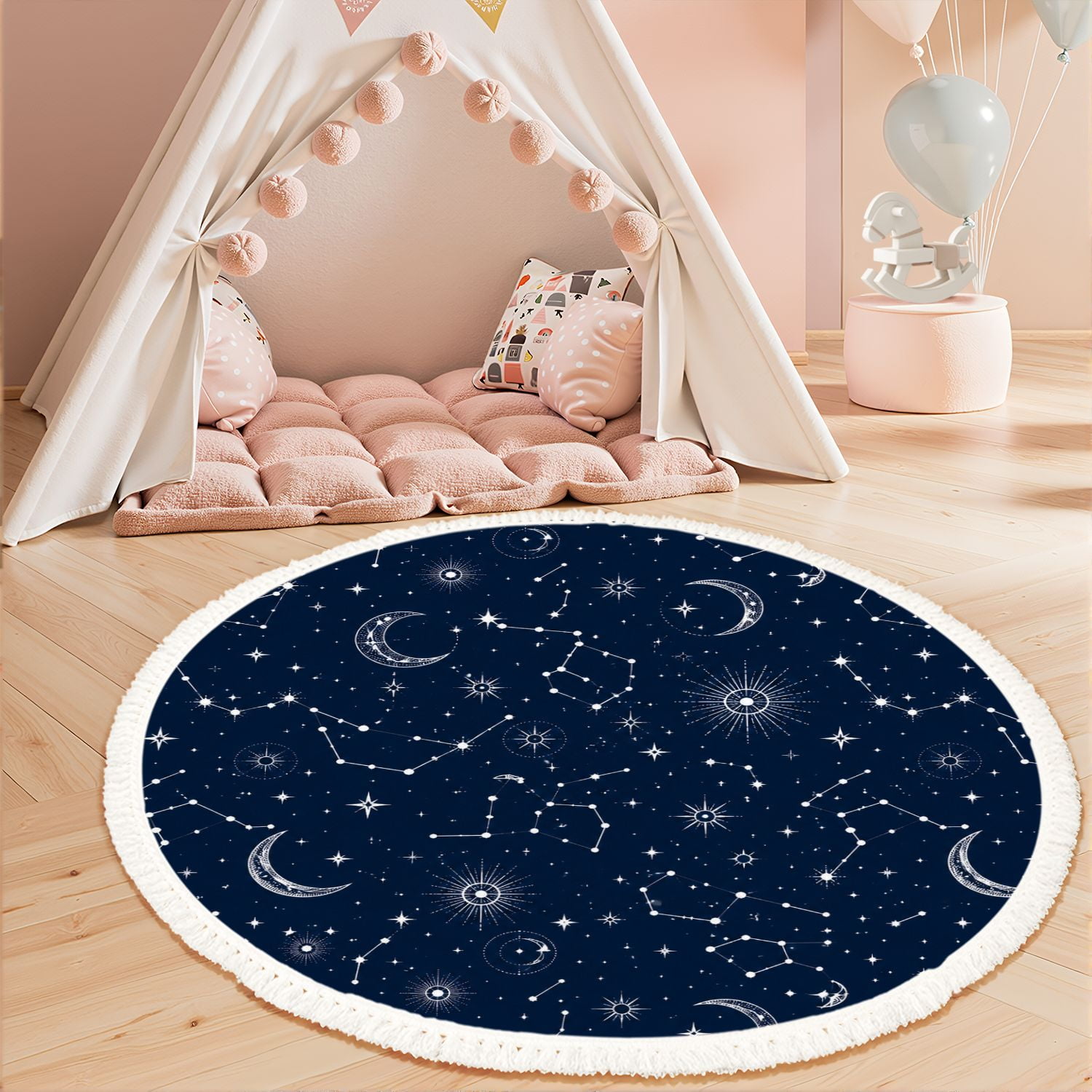 Washable Non Slip 3ft Round Rug Starry Night Sky Constellations Celestial Bodies Nursery Circle Area Rugs with Tassels Carpet for Nursery Bedroom Living Room Playroom Tent rug Tent Castle
