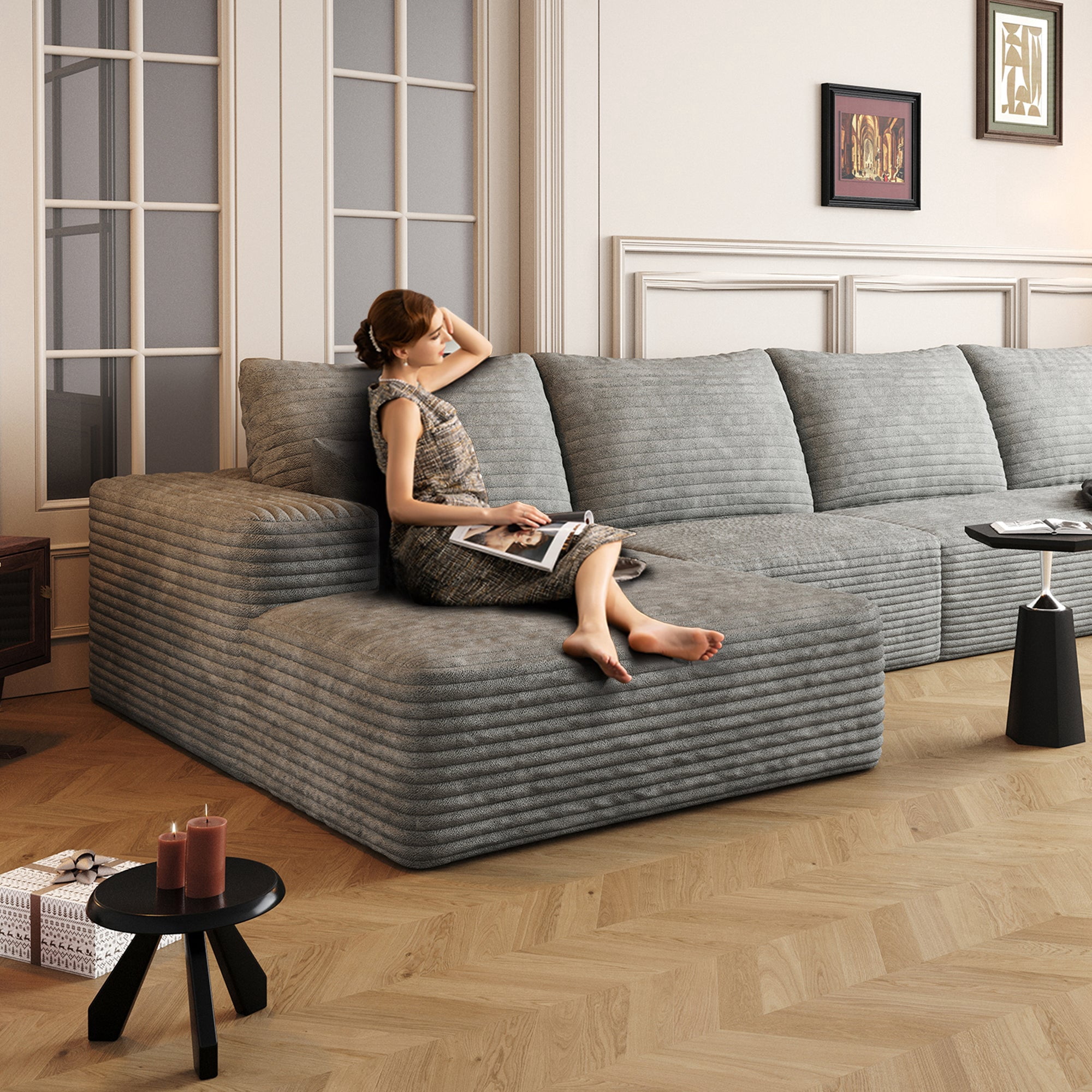 Sailvan 135" Cloud Sectional Couch, Cloudy Sofa with L-Shape Chaise, Upholstered Couches for Living Room & Bedroom, No Assembly Required, Plush Corduroy Fabric, Gray