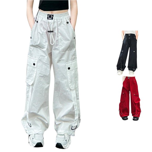 SGMVNU Girls' Cargo Pants Fashion Wide Leg Casual Baggy Pants Ajustable Drawstring Bottom Parachute Trousers Multi Pockets, Size 6-7 Years, White