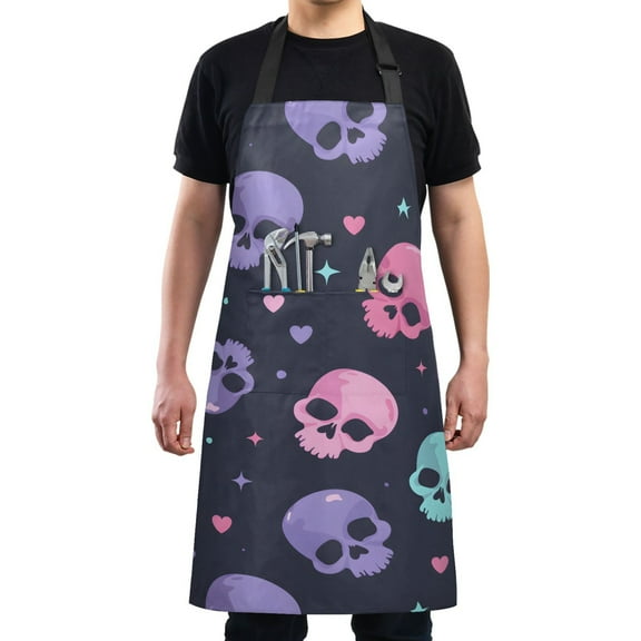 Kitchen Apron with 2 Pockets Adjustable waterproof Cooking Aprons for Women Men Chef Skull Head and Heart