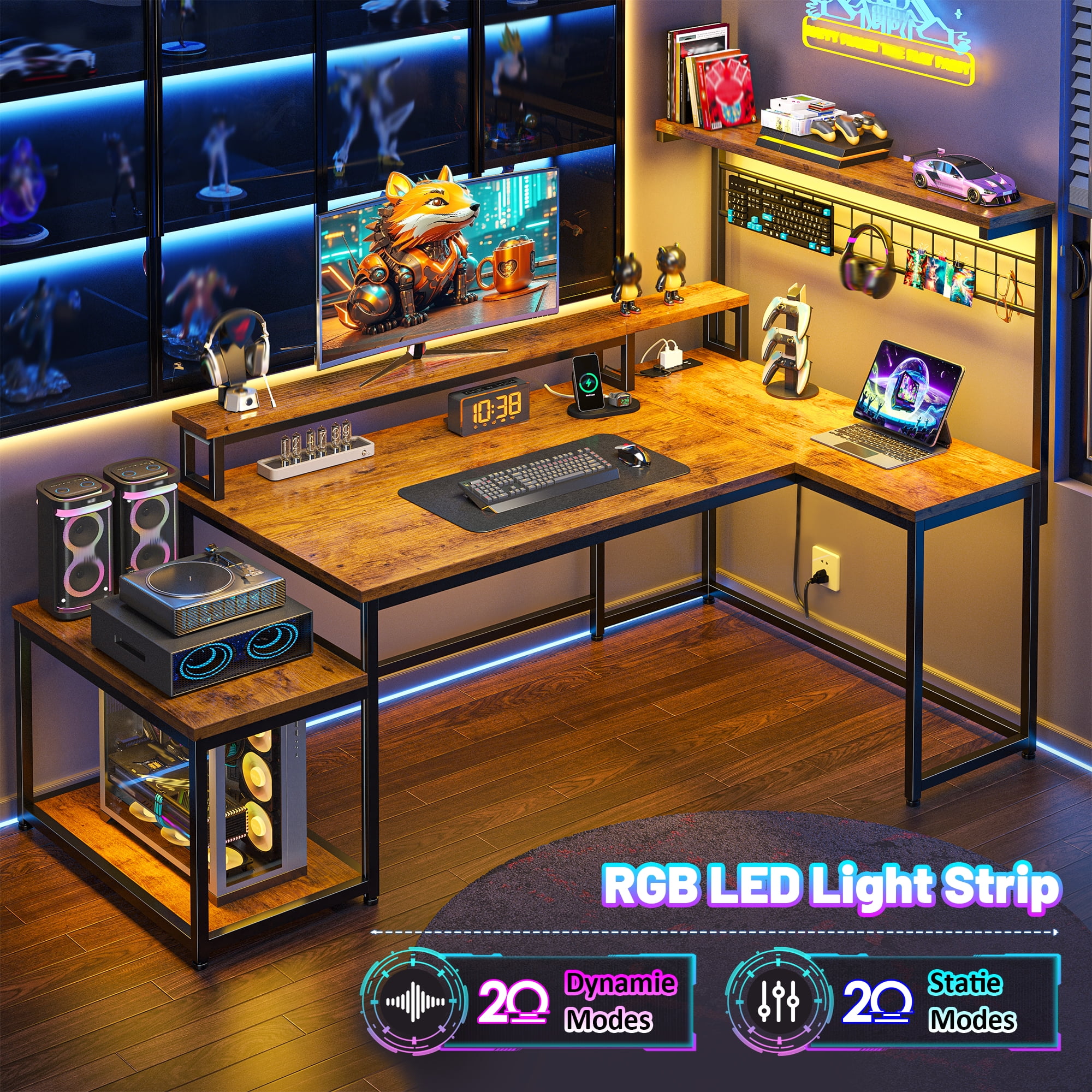 Romorgniz 63.5"W L Shaped Computer Desk with LED Lights & Power Outlets, Gaming Desk with Monitor Stand, Printer Stand & Storage Shelves for Home Office, Rustic Brown