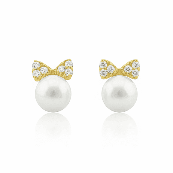 VINALI Bow Stud Cz Freshwater Pearl Earrings, 14K, Solid Yellow Gold